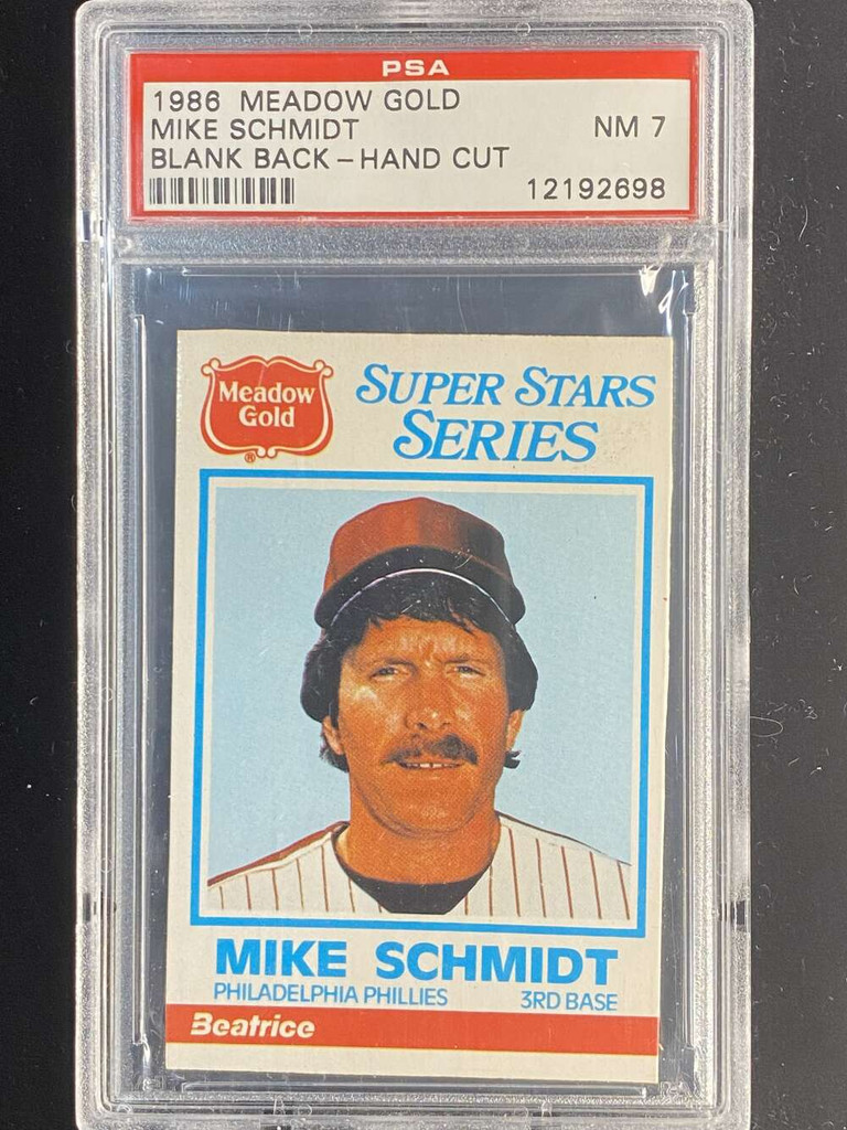 1986 Meadow Gold Mike Schmidt Phillies PSA 7 Near Mint Blank Back Hand Cut