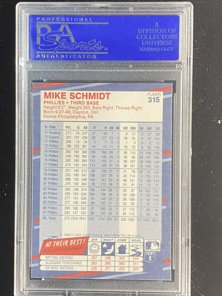 1988 Fleer #315 Mike Schmidt Phillies PSA 10 Gem Mint