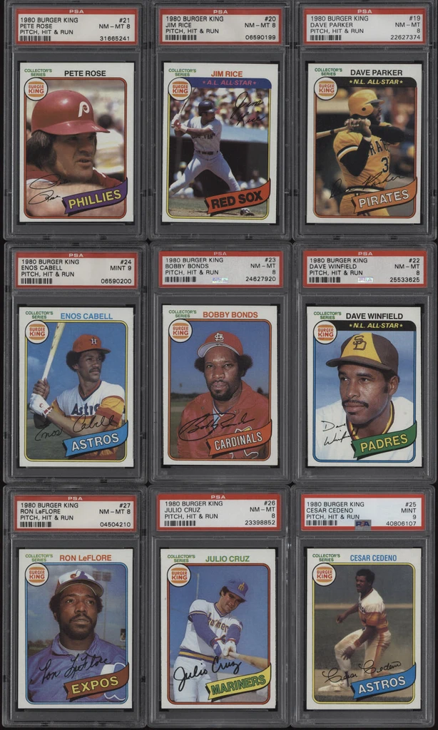 1980 Topps Burger King Pitch Hit & Run Complete PSA Graded Set (34 Cards) Nolan Ryan