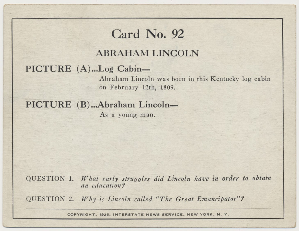 1926 Interstate News  American History  #92 Abraham Lincoln's Log House  #*sku37669
