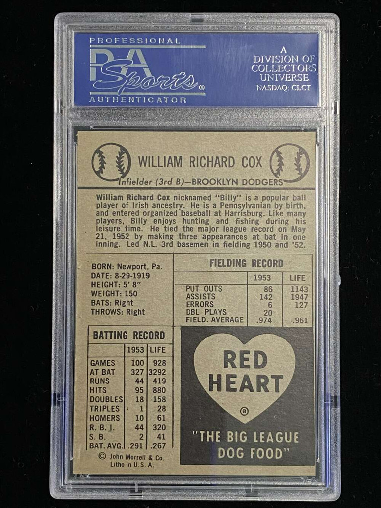 1954 Red Heart Billy Cox Dodgers PSA 5 EX