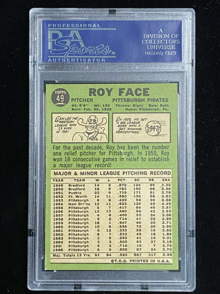 1967 Topps #49 Roy Face Pirates PSA 8 NM-Mint