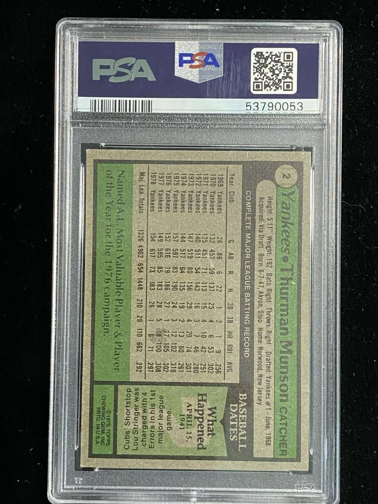 1979 Topps Burger King #2 Thurman Munson Yankees PSA 6 EX-Mint