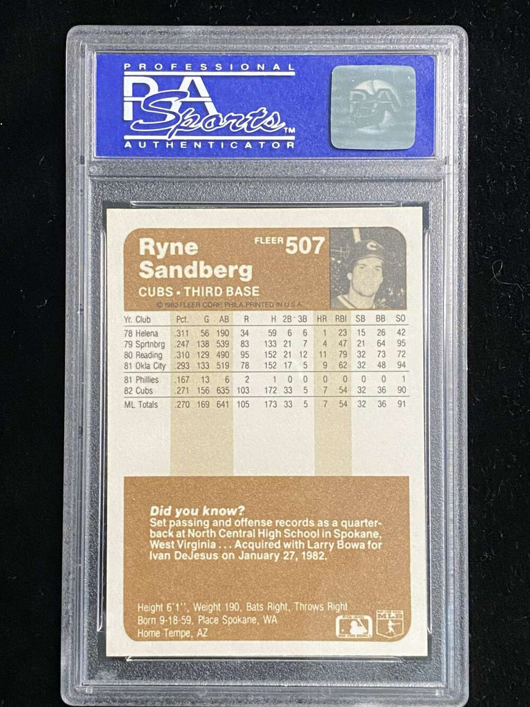 1983 Fleer #507 Ryne Sandberg Cubs PSA 9 Mint RC