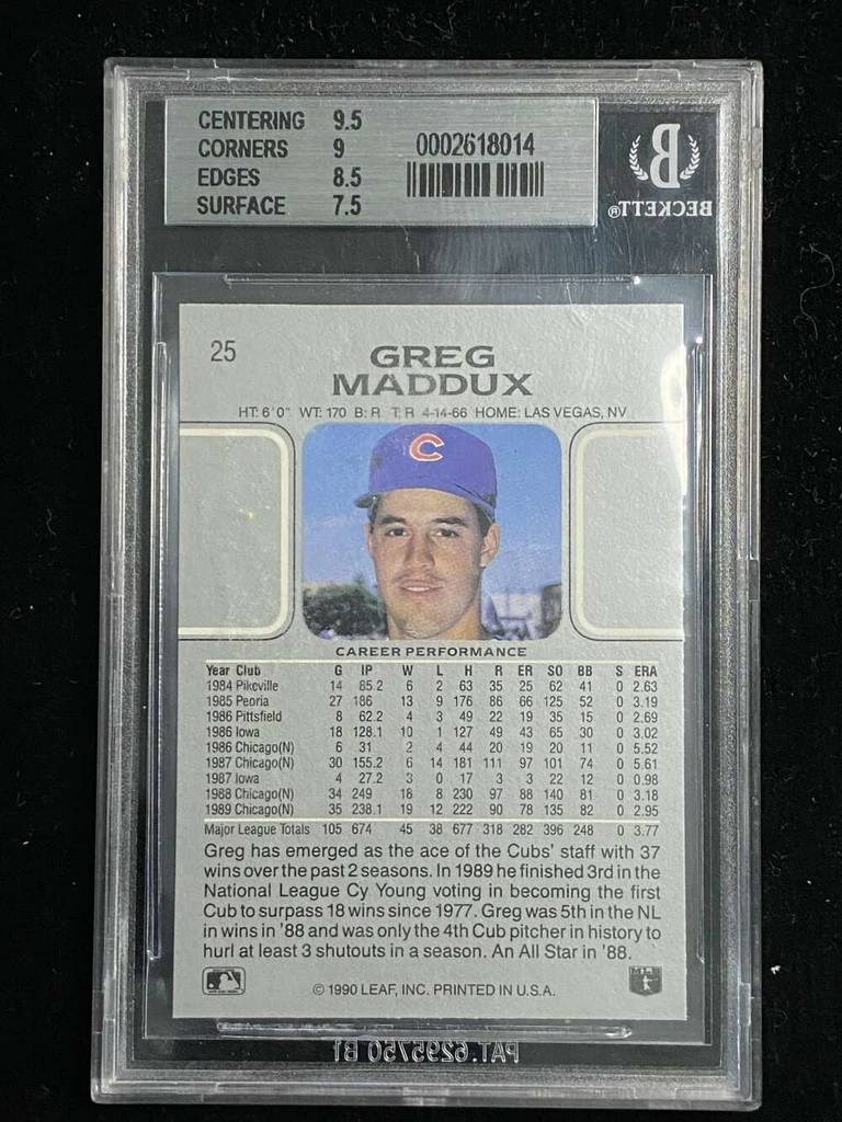 1990 Leaf #25 Greg Maddux Cubs BGS 8.5 NM-Mint+