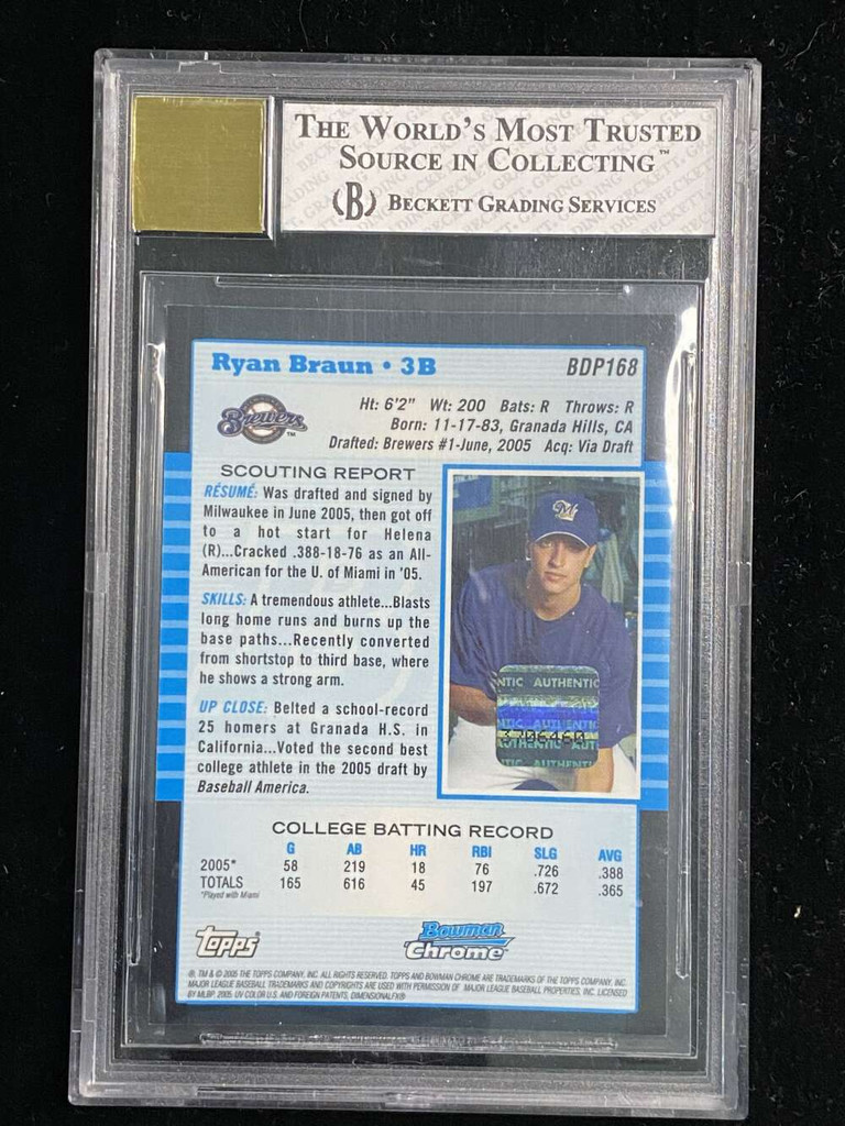 2005 Bowman Draft Picks BDP168 Ryan Braun Brewers BGS 8 NM-Mint Auto 10 RC
