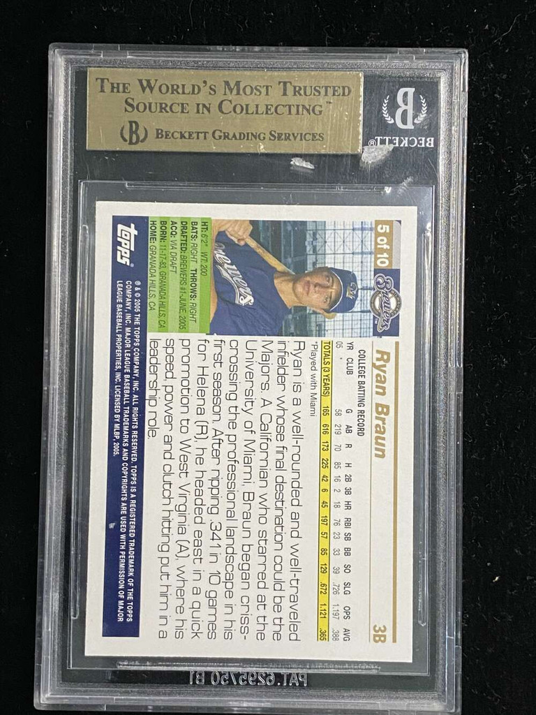 2005 Topps Factory Set #5 Ryan Braun Brewers BGS 9.5 Gem Mint First Year Draft Bonus