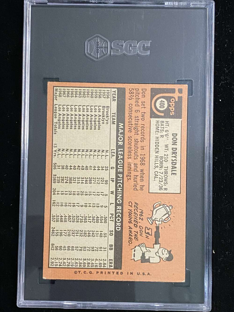 1969 Topps #400 Don Drysdale Dodgers SGC 6 EX-Mint