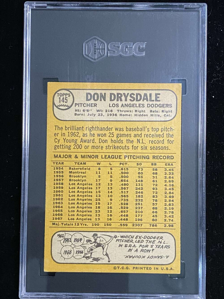 1968 Topps #145  Don Drysdale Dodgers SGC 5 EX