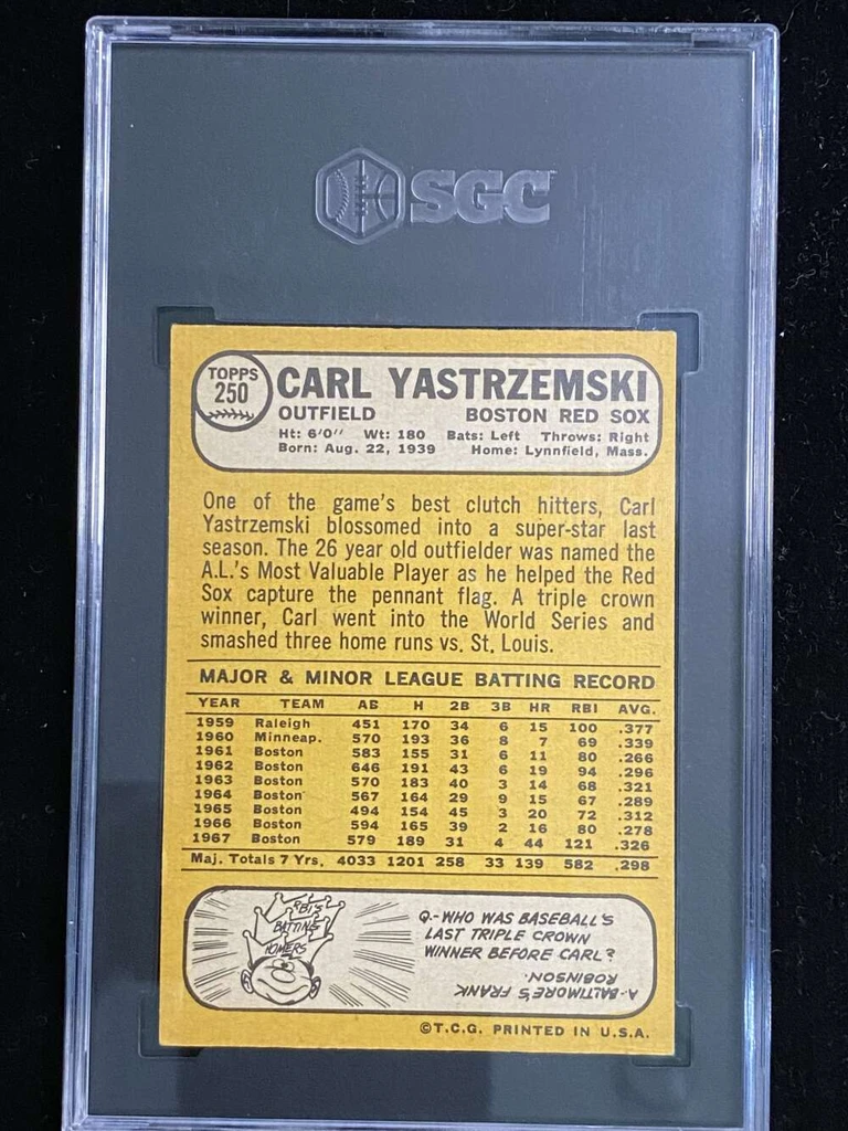 1968 Topps #250 Carl Yastrzemski Red Sox SGC 4 VG-EX