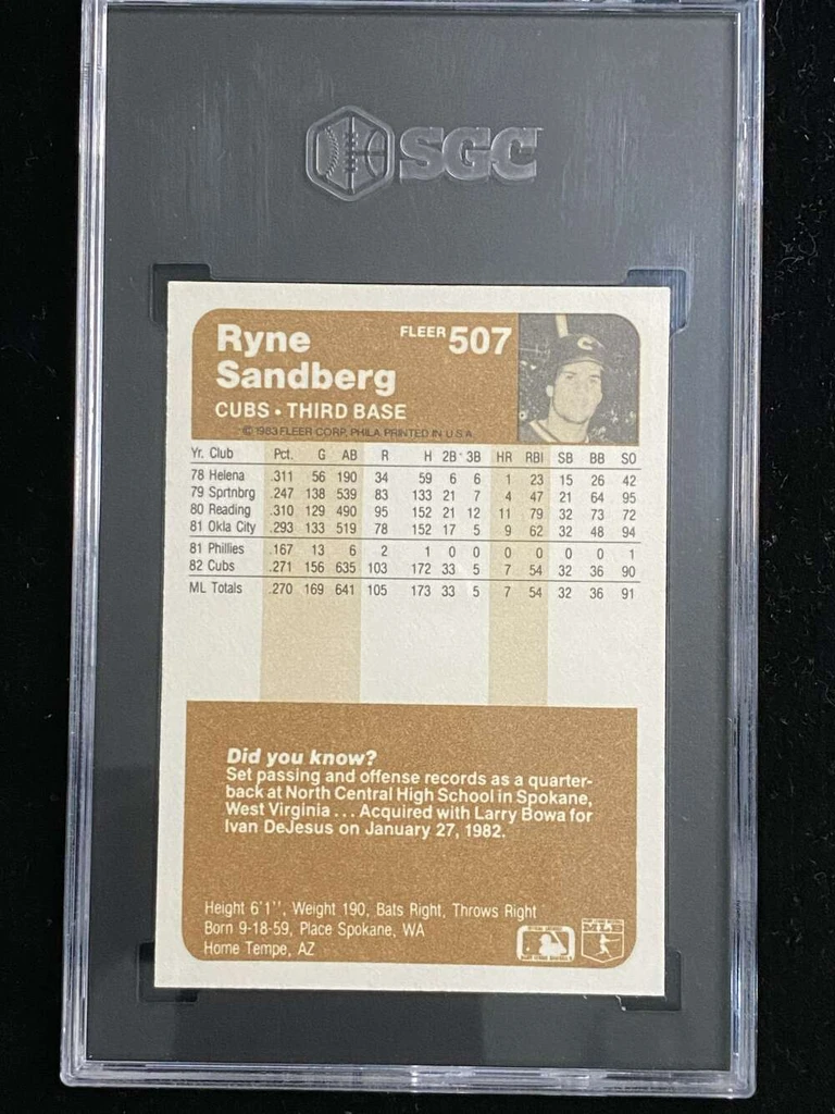 1983 Fleer #507 Ryne Sandberg Cubs SGC 9 Mint RC