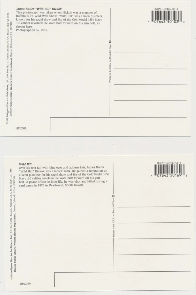 1999 Unused Oversized Post Cards of James Butler "Wild Bill" Hickok (6 x 4 1/4 inches)  Lot of 2  #*sku37752
