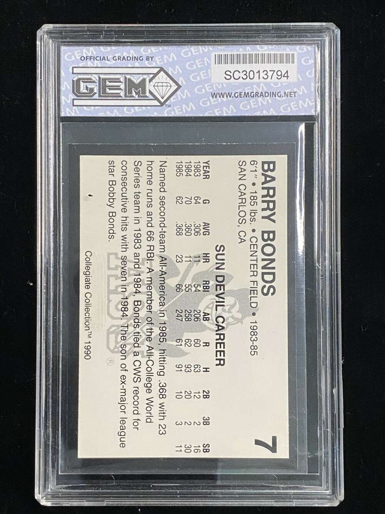 1990 Collegiate Collection #7 Barry Bonds ASU GEM 10 Gem Mint ID: 525725