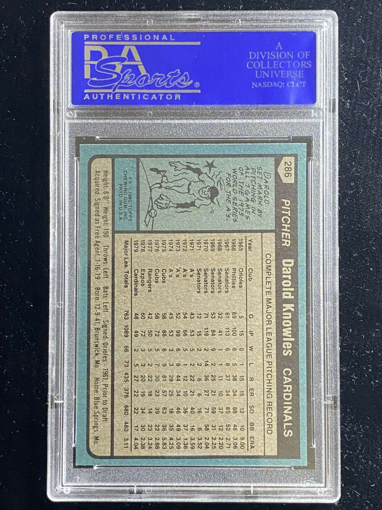 1980 Topps #286 Darold Knowles  Cardinals PSA 8 NM-Mint