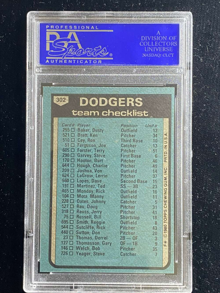 1980 Topps #302 Los Angeles Dodgers PSA 8 NM-Mint Team Card