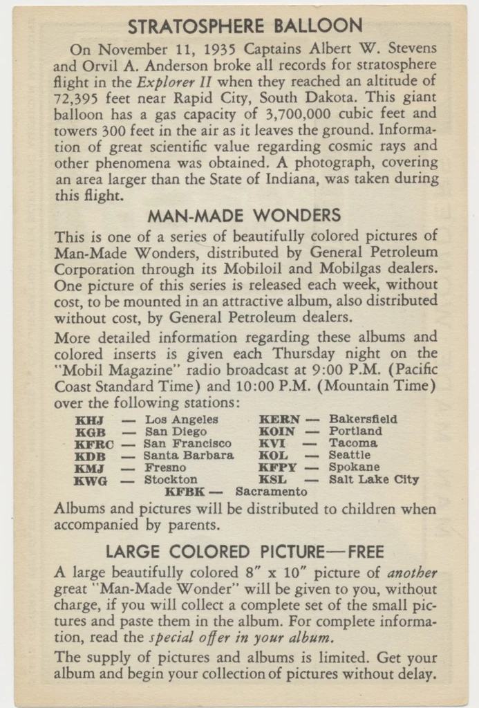 1936 General Petroleum Corp MAN MADE WONDERS  Stratosphere Balloon  #*sku37777