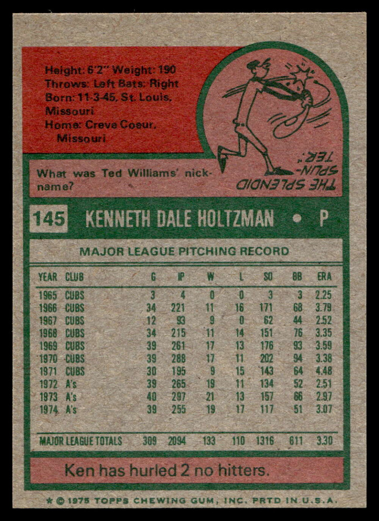 1975 Topps Mini #145 Ken Holtzman Near Mint+  ID: 527201