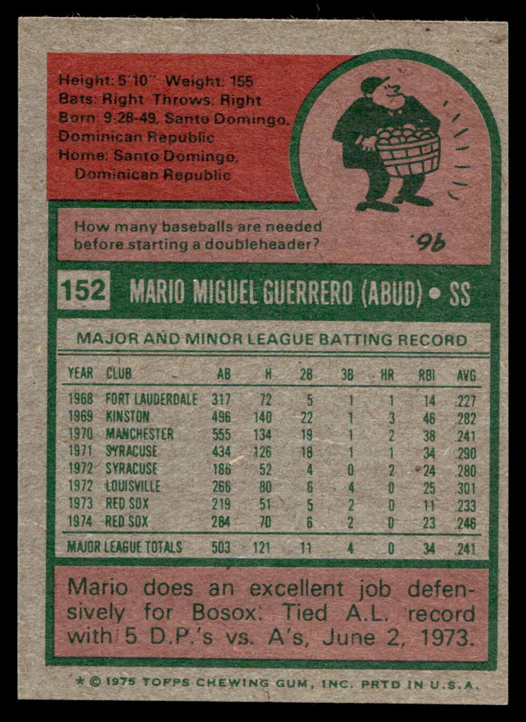 1975 Topps Mini #152 Mario Guerrero Near Mint  ID: 527208