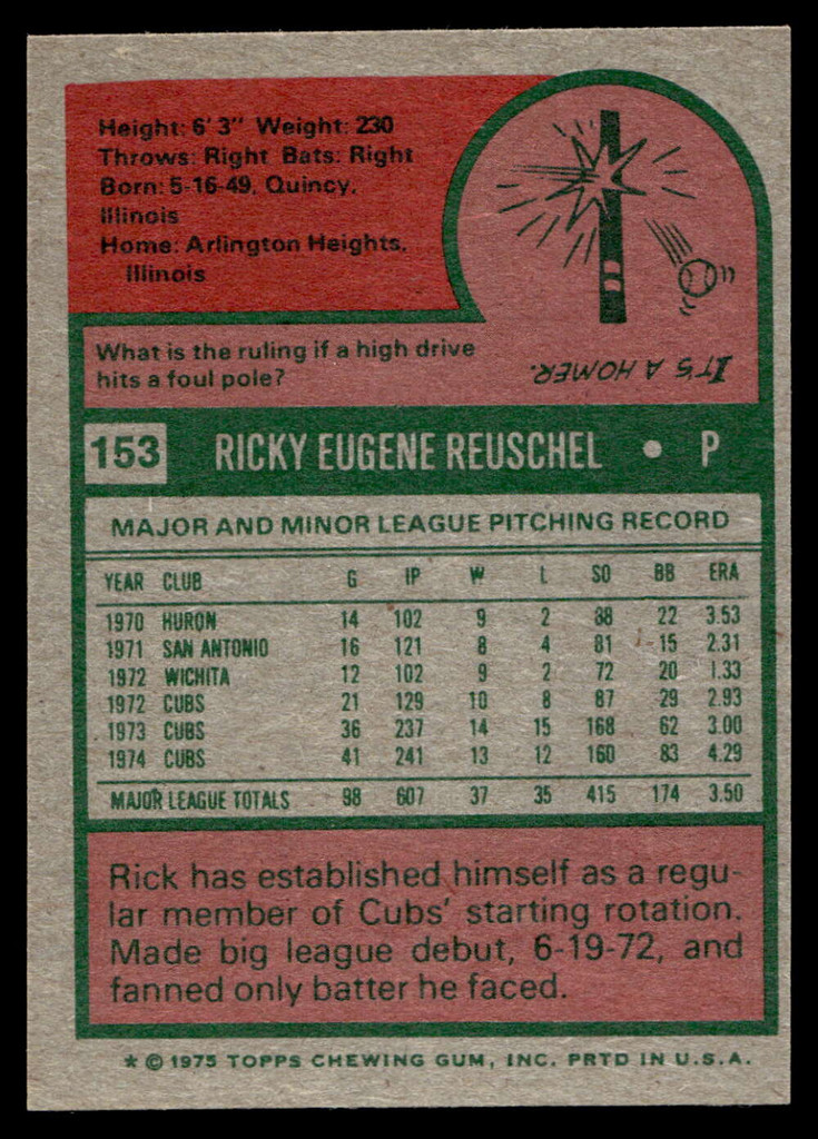 1975 Topps Mini #153 Rick Reuschel Near Mint+  ID: 527209
