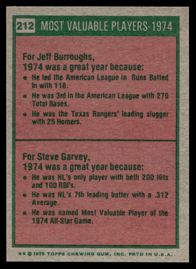 1975 Topps Mini #212 1974 's Jeff Burroughs/Steve Garvey MVP Near Mint+  ID: 527267