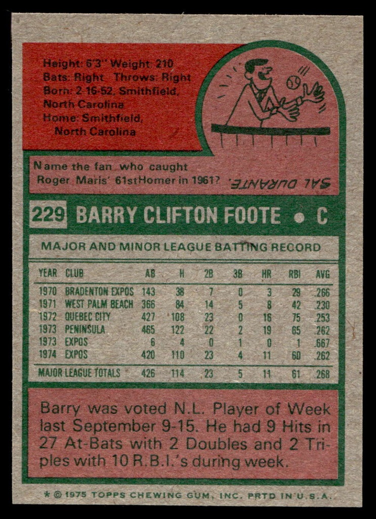 1975 Topps Mini #229 Barry Foote Near Mint+  ID: 527281