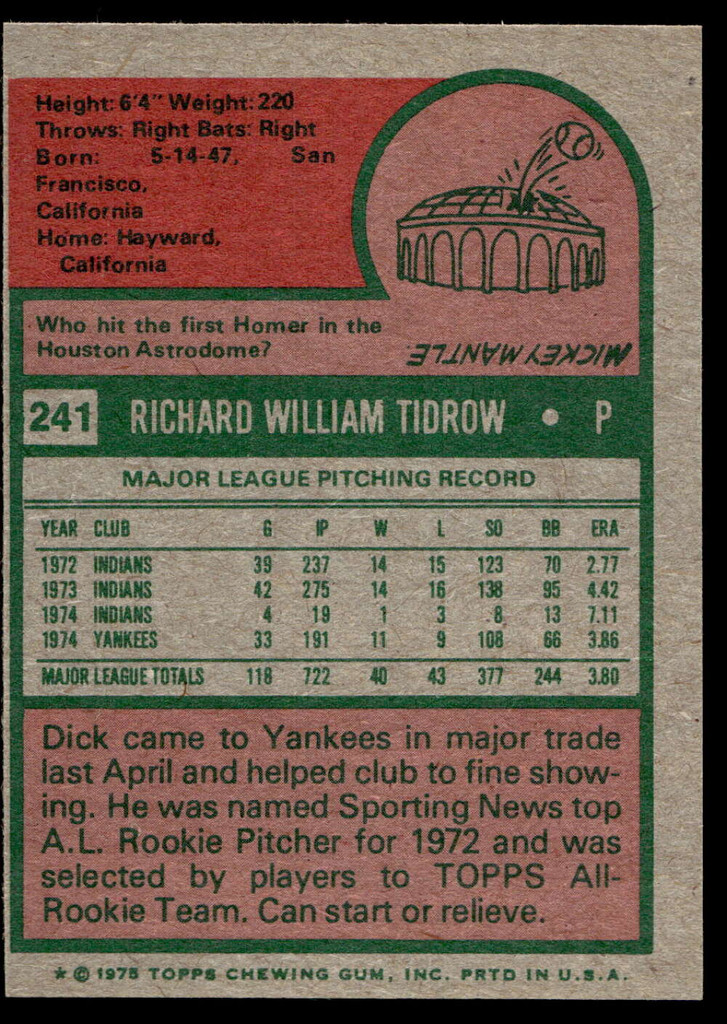 1975 Topps Mini #241 Dick Tidrow Near Mint  ID: 527292