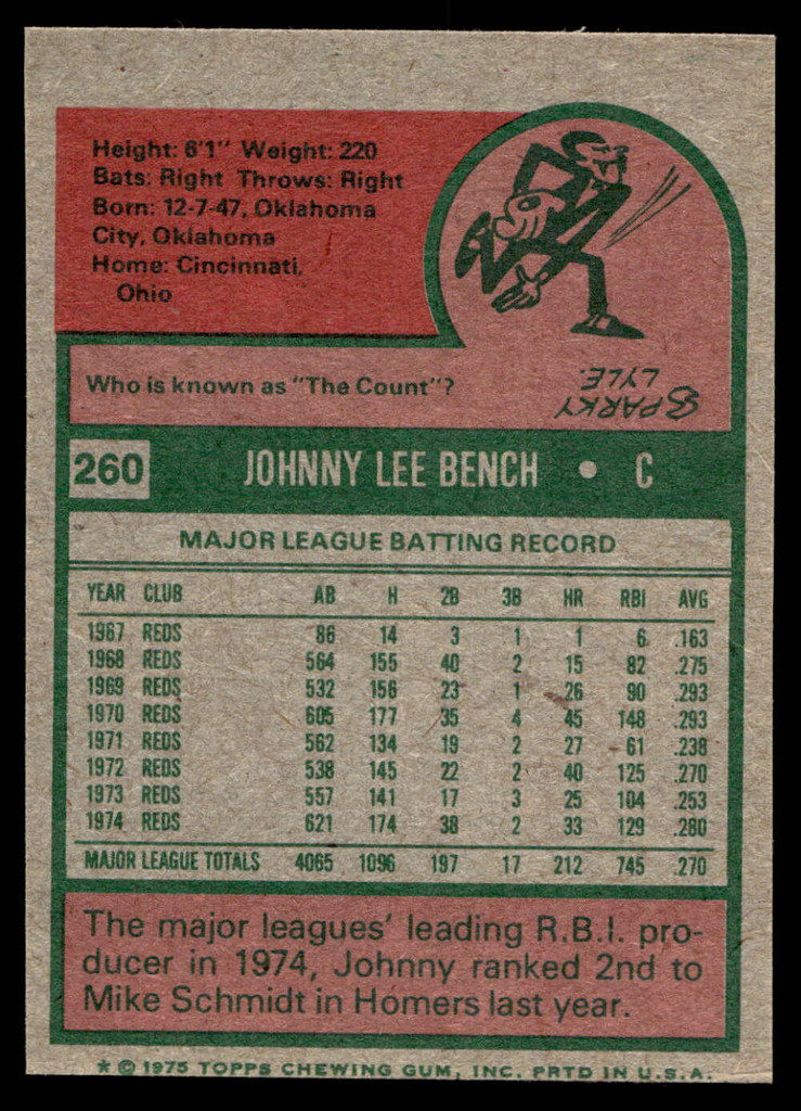1975 Topps Mini #260 Johnny Bench AS Near Mint  ID: 527311
