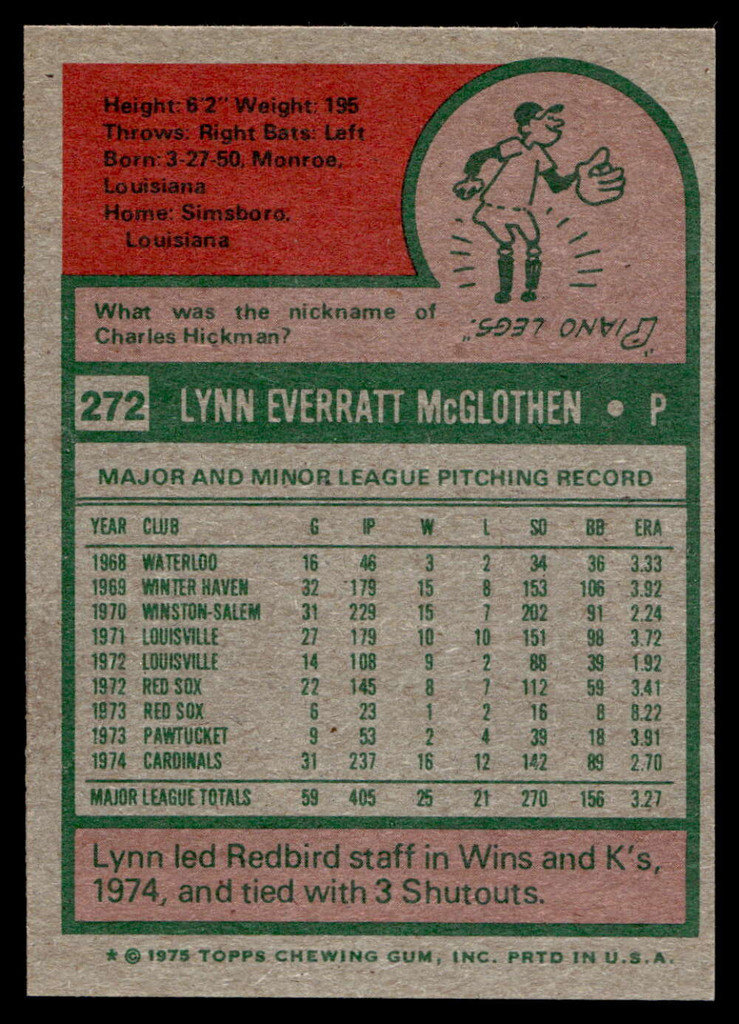 1975 Topps Mini #272 Lynn McGlothen Near Mint+  ID: 527323