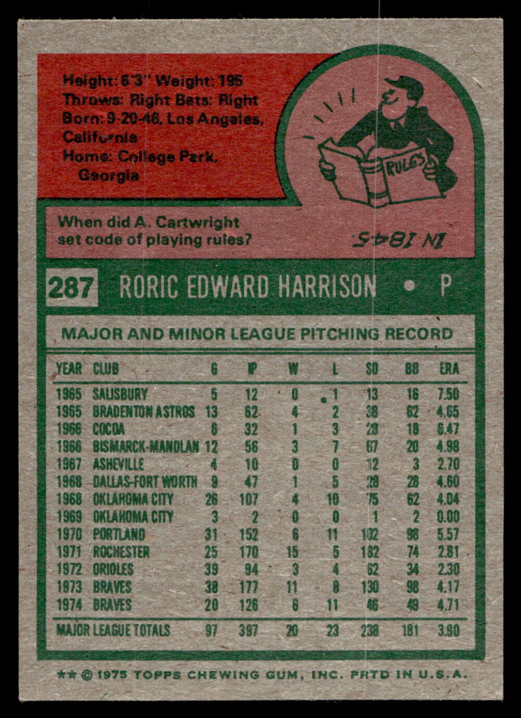 1975 Topps Mini #287 Roric Harrison Near Mint 