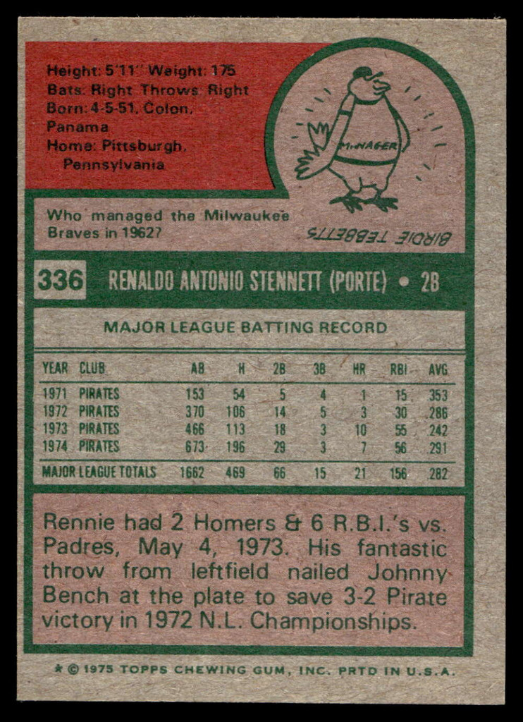 1975 Topps Mini #336 Rennie Stennett Near Mint  ID: 527383