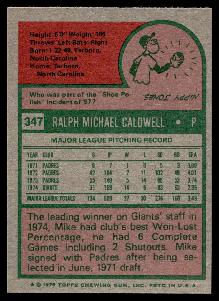 1975 Topps Mini #347 Mike Caldwell Near Mint+  ID: 527394