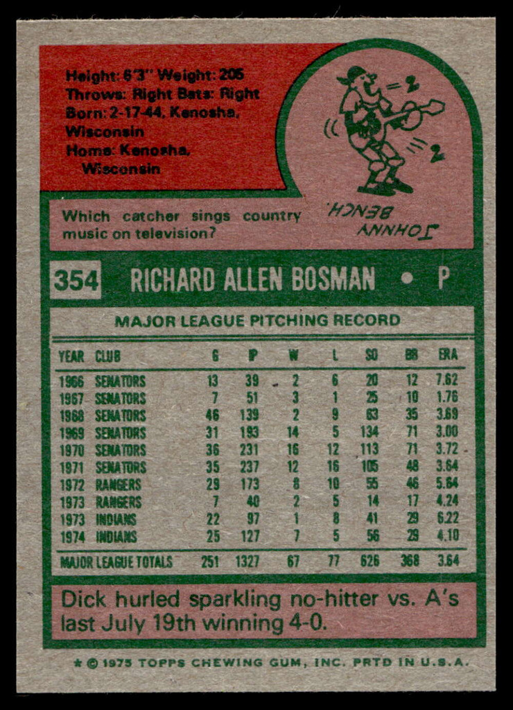 1975 Topps Mini #354 Dick Bosman Near Mint+ 