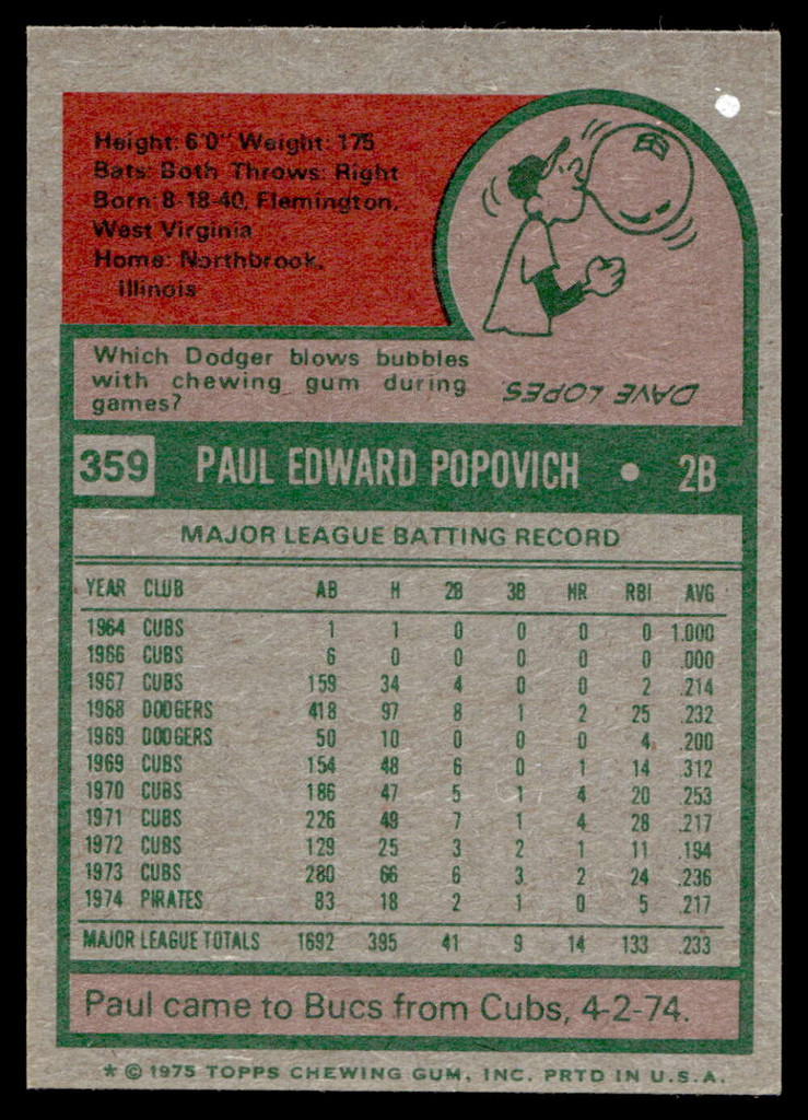 1975 Topps Mini #359 Paul Popovich Near Mint  ID: 527406