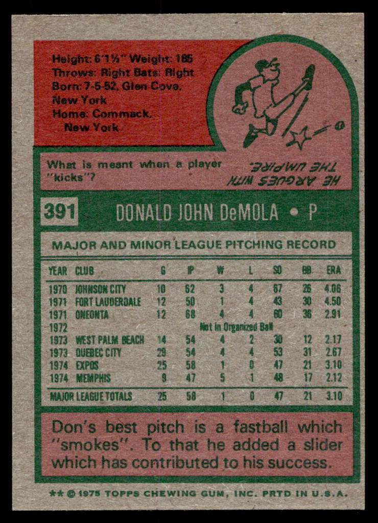 1975 Topps Mini #391 Don DeMola Near Mint RC Rookie  ID: 527437