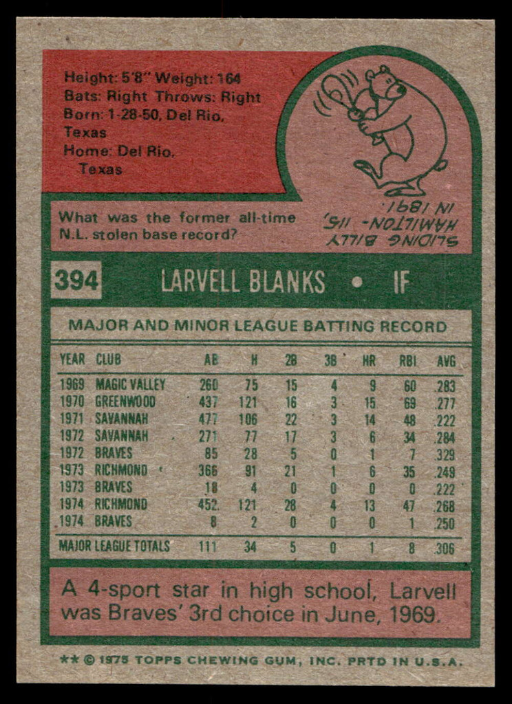 1975 Topps Mini #394 Larvell Blanks Near Mint+  ID: 527440