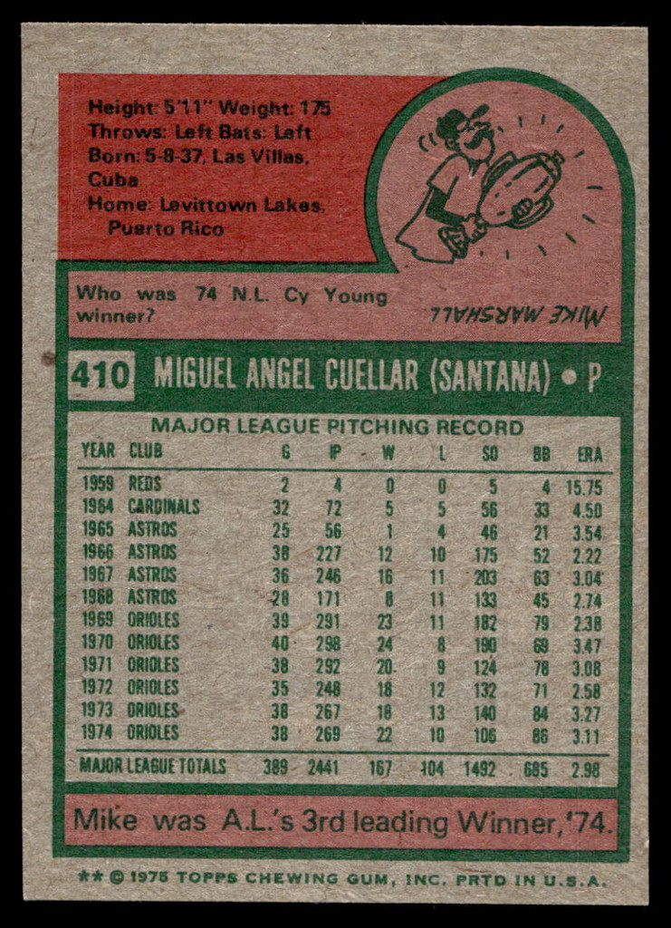 1975 Topps Mini #410 Mike Cuellar Ex-Mint  ID: 527455