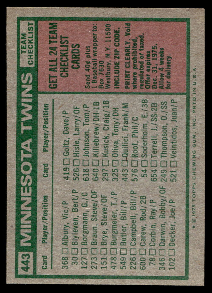 1975 Topps Mini #443 Frank Quilici MG Near Mint+ 