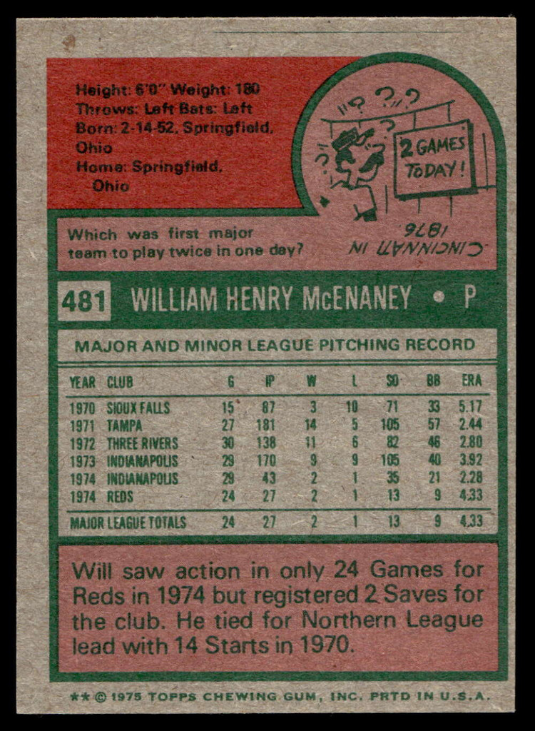 1975 Topps Mini #481 Will McEnaney Near Mint RC Rookie  ID: 527525