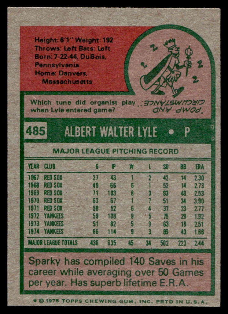 1975 Topps Mini #485 Sparky Lyle Near Mint+ 