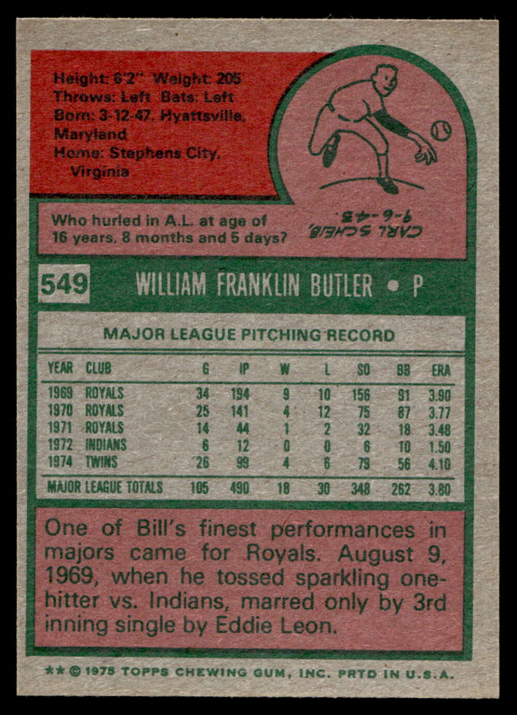 1975 Topps Mini #549 Bill Butler Near Mint+ 