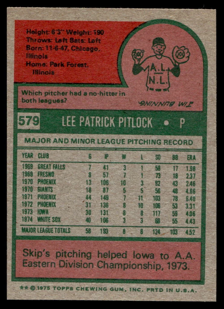 1975 Topps Mini #579 Skip Pitlock Near Mint+ 