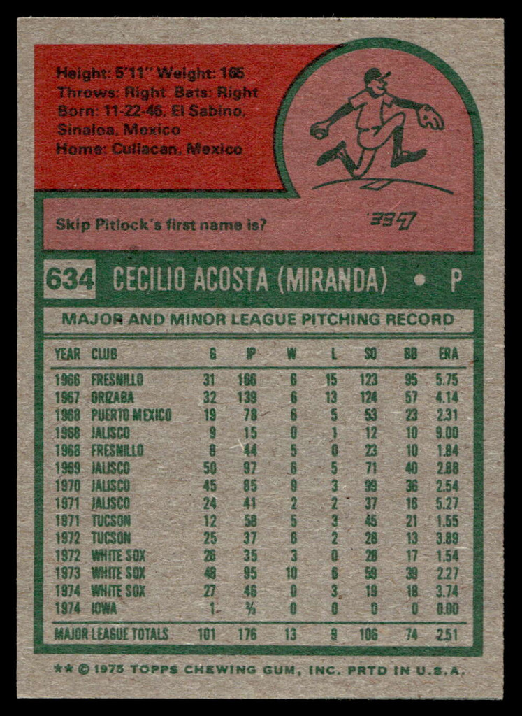 1975 Topps Mini #634 Cy Acosta Near Mint+ 