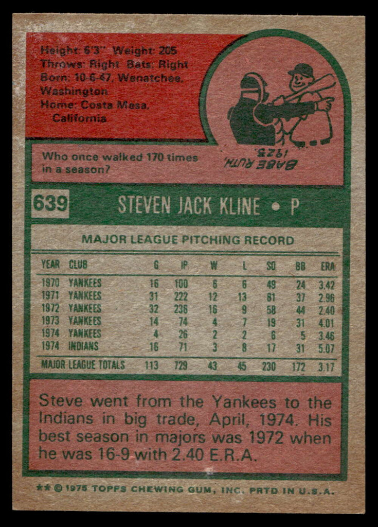 1975 Topps Mini #639 Steve Kline Ex-Mint 