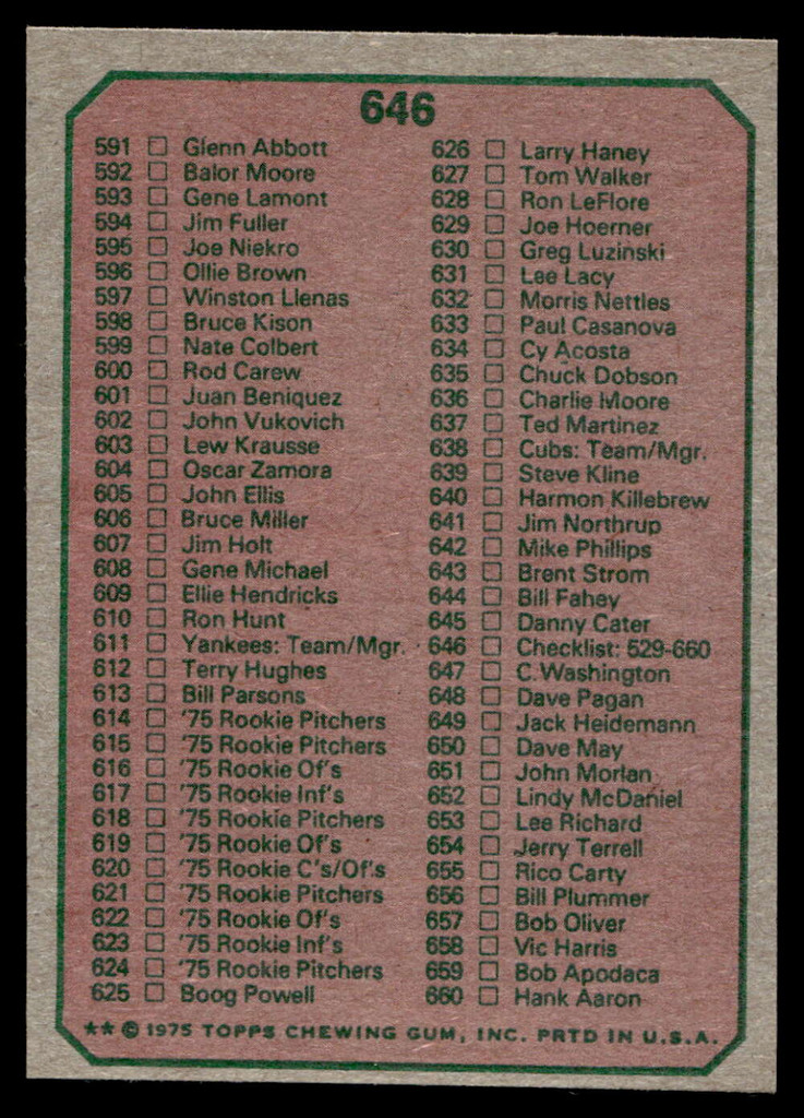1975 Topps Mini #646 Checklist 529-660 Ex-Mint  ID: 527987