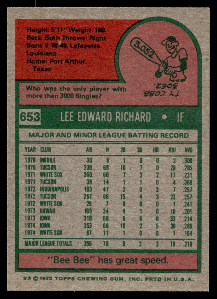 1975 Topps Mini #653 Lee Richard Near Mint  ID: 527994