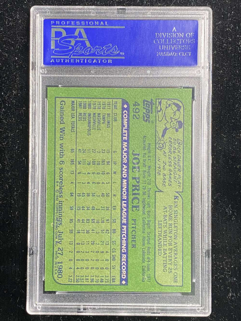 1982 Topps #492 Joe Price Reds PSA 8 NM-Mint