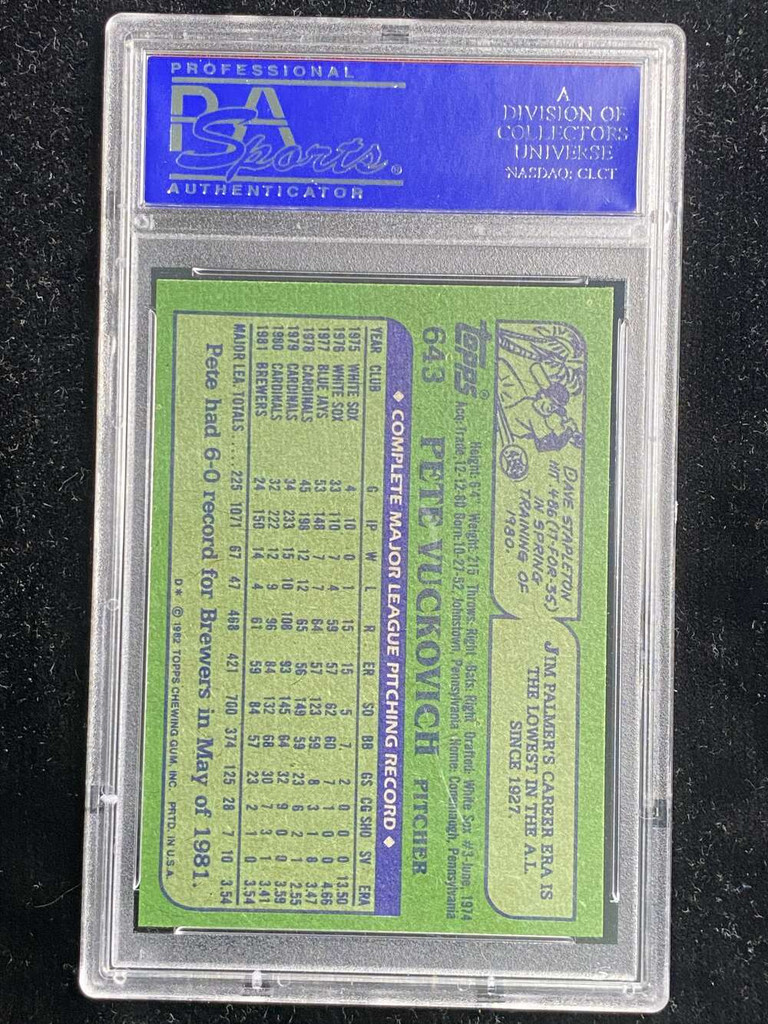 1982 Topps #643 Pete Vuckovich Brewers PSA 8 NM-Mint