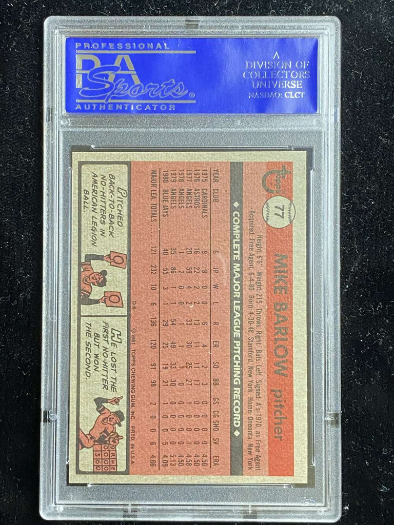 1981 Topps #77 Mike Barlow Blue Jays PSA 8 NM-Mint