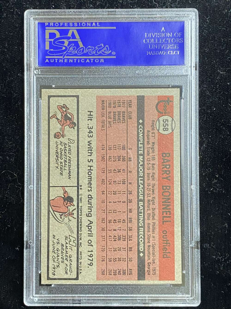 1981 Topps #558 Barry Bonnell Blue Jays PSA 8 NM-Mint