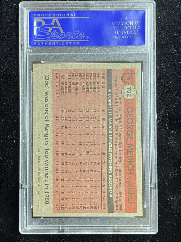 1981 Topps #702 George Medich Rangers PSA 8 NM-Mint
